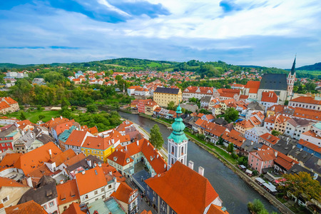 Beautiful view of houses and castle in Cesky Krumlov, Czech Republicのeditorial素材
