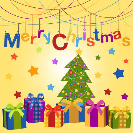 Merry Christmas card. Cheerful vector greeting card with Christmas tree, presents and toys.のイラスト素材