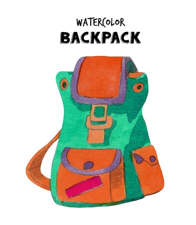Watercolor backpack illustration. Hand painted school backpack isolated on white background.の写真素材