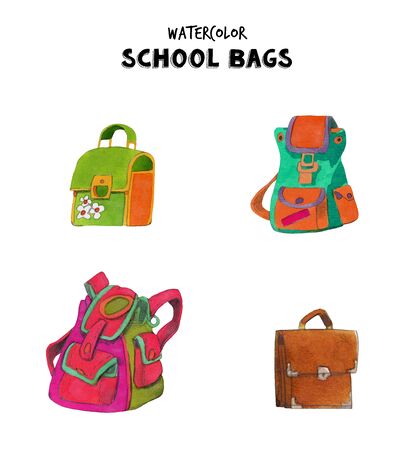 Watercolor school bags and backpacks illustration. Hand painted various school bags isolated on white background.の写真素材