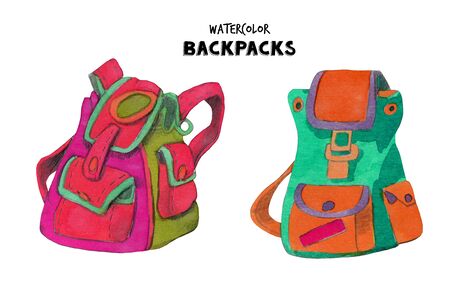Watercolor backpack illustration. Hand painted school backpack isolated on white background.の写真素材