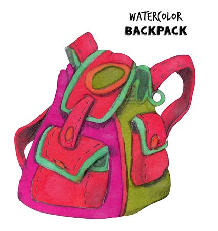 Watercolor backpack illustration. Hand painted school backpack isolated on white background.の写真素材