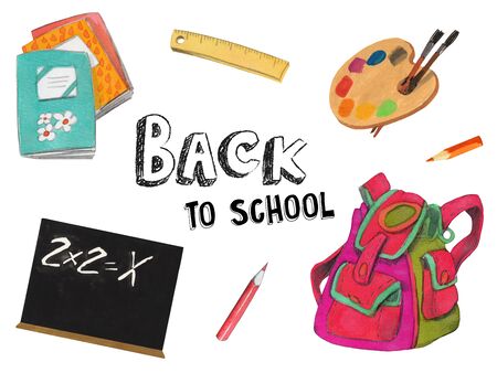 Watercolor school supplies collection. Hand painted items isolated on white background. Back to school set.の写真素材
