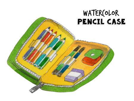 Watercolor pen case illustration. Hand painted item isolated on white background. Back to school design.の写真素材