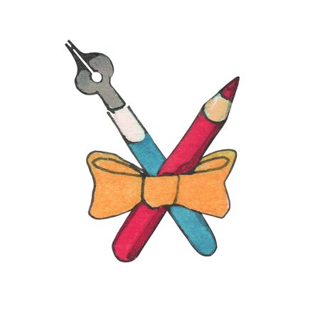 Watercolor art logo with colored pencil and pen tool with a ribbon. Hand painted item isolated on white background. Vintage illustration.の写真素材