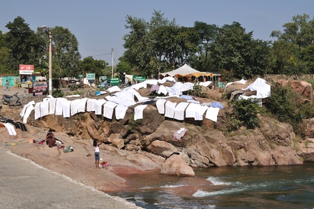 Orcha, India - November 28, 2009 - Traditional drying laundry in India.のeditorial素材
