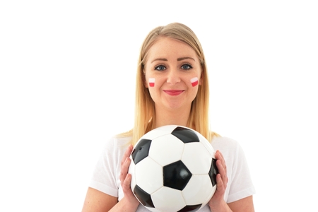 Polish fan cheers football team in the national colors.の写真素材