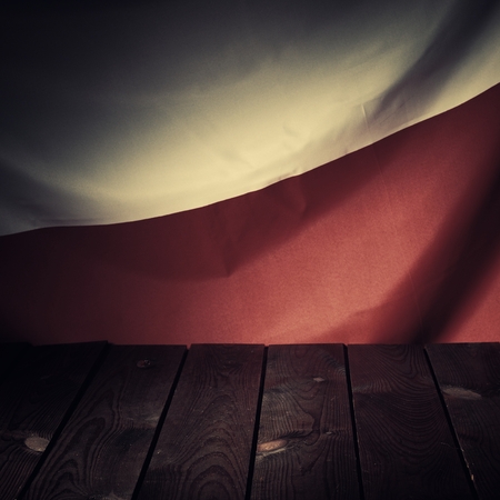 Flag of the Poland with wooden boards as a background. Vintage Style.の写真素材