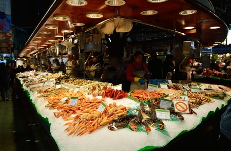 BARCELONA, SPAIN - NOVEMBER 11, 2016: The largest fresh food market in Barcelona. The first mention dates from 1217.のeditorial素材