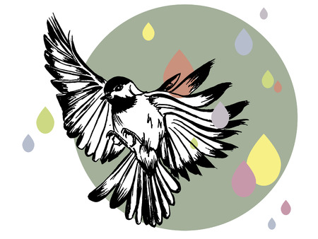 vector illustration of a hand drawn bird on a flat design grey-blue circle and pastel coloured rain in the backgroundのイラスト素材