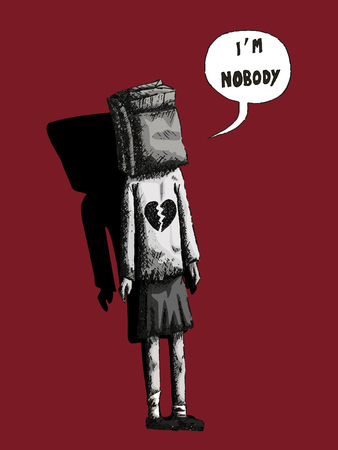 vector hand drawn illustration of a girl in black and white with a paper bag on her head and saying i am nobody on a red backgroundのイラスト素材