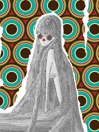 Vector illustration of a hand drawn woman with very long hair with a retro backgroundのイラスト素材