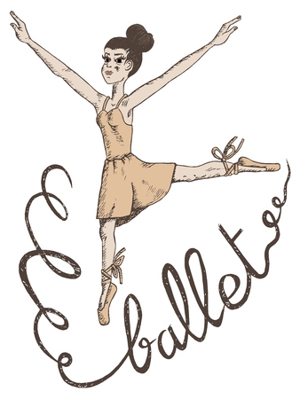 vector hand drawn illustration of a woman ballet dancer with ballet written in ribbonのイラスト素材
