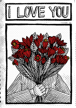 vector hand drawn vintage illustration of a man holding flowers in front of his face and saying I love youの写真素材