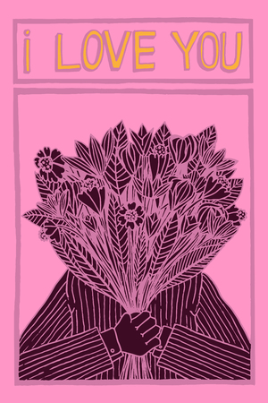 Vector hand drawn illustration of a man holding flowers with the writing i love you in a cartoon styleの写真素材