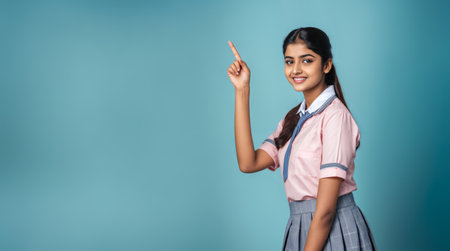 Smiling indian schoolgirl pointing with finger at copy space isolated on blueの素材