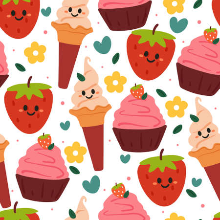 seamless pattern hand drawing cartoon dessert and fruit. cute wallpaper for fabric print, textile, gift wrapping paperのイラスト素材