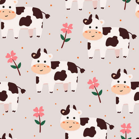seamless pattern hand drawing cow and plant. cute wallpaper for fabric print, textile, gift wrapping paperのイラスト素材
