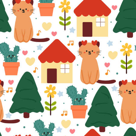 seamless pattern hand drawing cartoon cat. cute wallpaper for fabric print, textile, gift wrap paperのイラスト素材