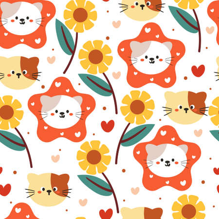 seamless pattern hand drawing cartoon cat and flower. cute wallpaper for fabric print, textile, gift wrap paperのイラスト素材