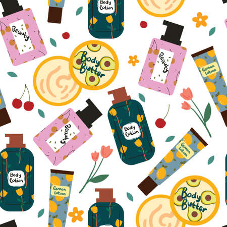 seamless pattern hand drawing cartoon makeup and skincare element stuff. cute wallpaper for fabric...