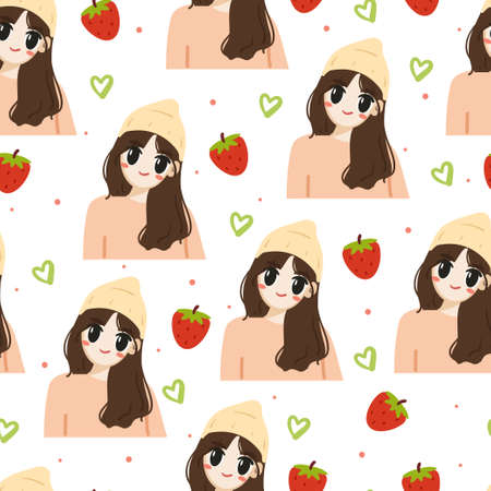 seamless pattern hand drawing cartoon girl with strawberry. cute wallpaper for fabric print, textile, gift wrap paperのイラスト素材