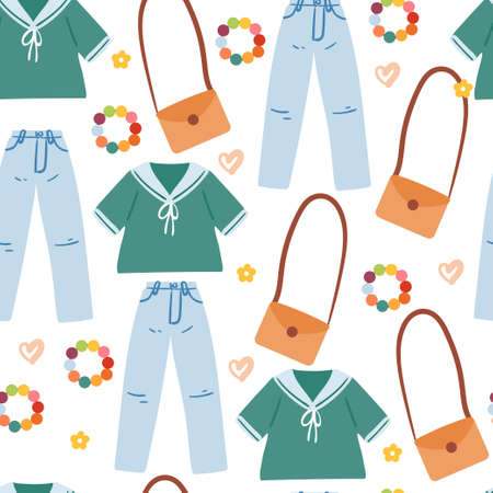 seamless pattern hand drawing cartoon clothes and bag. fashion drawing for fabric print, textile, gift wrap paperのイラスト素材