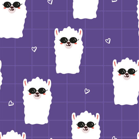 seamless pattern hand drawing cartoon llama wearing glasses. animal drawing with purple background for fabric print print, textileのイラスト素材