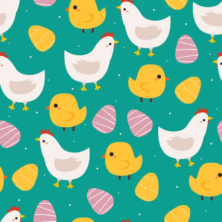 seamless pattern hand drawing cartoon chicken, chick and eggs. animal drawing for easter wallpaper, fabric print, textile, gift wrap paperのイラスト素材