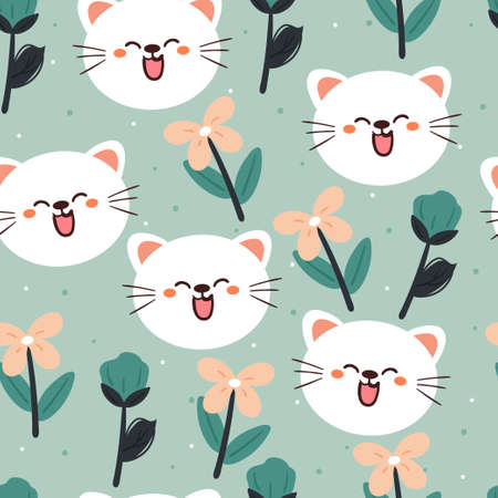 seamless pattern hand drawing cartoon cat and flower. animal drawing for fabric print, textile, gift wrap paperのイラスト素材