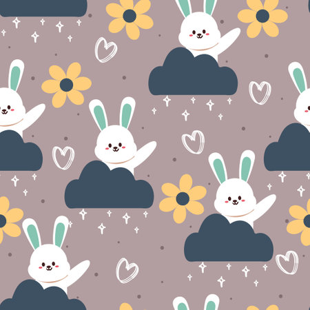 seamless pattern hand drawing cartoon bunny and flower. animal drawing for fabric print, textile, gift wrap paperのイラスト素材