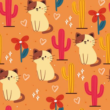 seamless pattern hand drawing cartoon cat and flower. animal drawing for fabric print, textile, gift wrap paperのイラスト素材