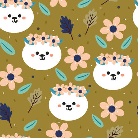 seamless pattern hand drawing cartoon bear and flower. animal drawing for fabric print, textile, gift wrap paperのイラスト素材