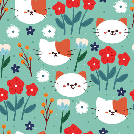 seamless pattern hand drawing cartoon cat and flower. animal drawing for fabric print, textile, gift wrap paperのイラスト素材