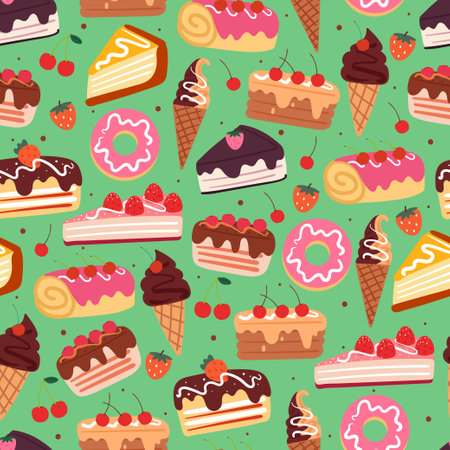 seamless pattern cartoon dessert character. cute food wallpaper for gift wrap paperのイラスト素材