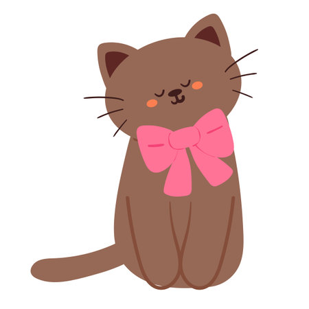cute cartoon cat smiling with pink ribbonのイラスト素材
