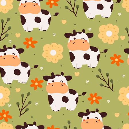 seamless pattern cartoon cow and flower. cute animal wallpaper for textile, gift wrap paperのイラスト素材