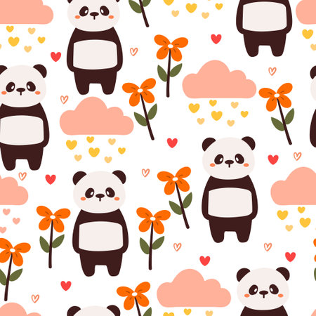 seamless pattern cartoon panda, clouds and flower. cute animal wallpaper for textile, gift wrap paperのイラスト素材