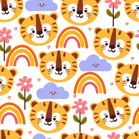 seamless pattern cartoon tiger with flower, rainbow and clouds. cute animal wallpaper for textile, gift wrap paperのイラスト素材