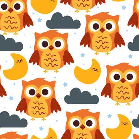 seamless pattern cartoon owl with moon and night cloud. cute animal wallpaper for textile, gift wrap paperのイラスト素材