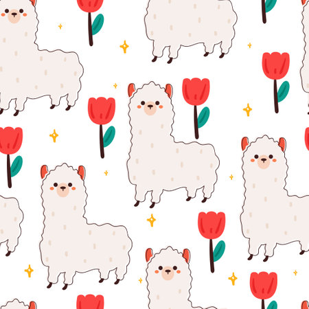 seamless pattern cartoon llama. cute animal wallpaper for gift wrap paper, textileのイラスト素材