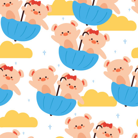 seamless pattern cartoon pig and sky element. cute animal wallpaper for textile, gift wrap paperのイラスト素材
