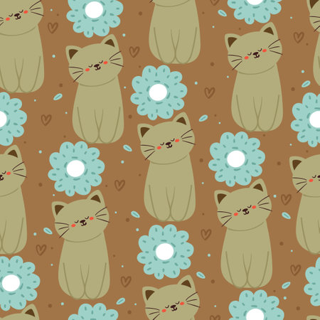 seamless pattern cartoon cat and flower. cute animal wallpaper for textile, gift wrap paperのイラスト素材
