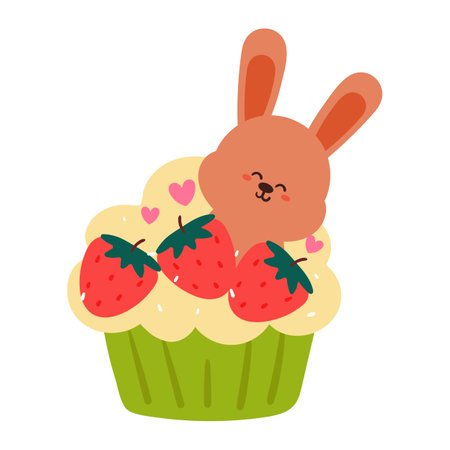 hand drawing cartoon cupcake with bunny and strawberry. cute food and animal doodle for icon and stickerのイラスト素材