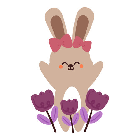 hand drawing cartoon bunny and purple tulip. cute animal icon for stickerのイラスト素材