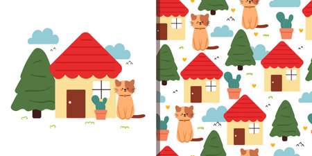 seamless pattern and card cartoon cat with cute little house and tree. cute animal card and pattern for gift wrap paperのイラスト素材