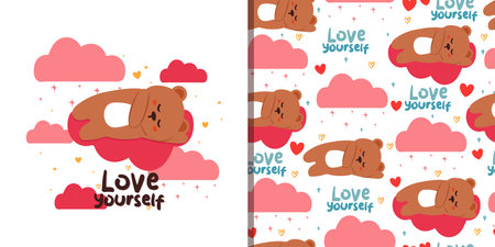 seamless pattern and card cartoon bear. cute animal card and pattern for gift wrap paperのイラスト素材