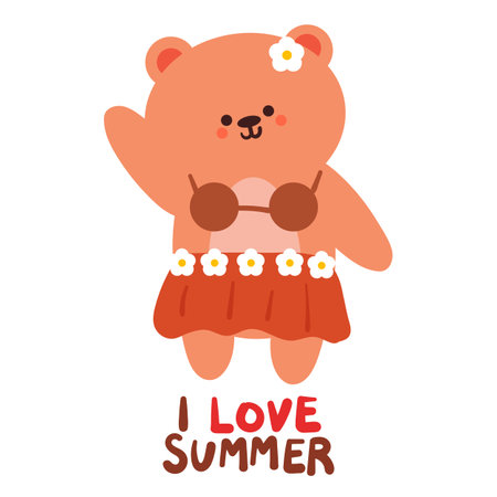 hand drawing cartoon bear with summer clothes. cute summer cardのイラスト素材