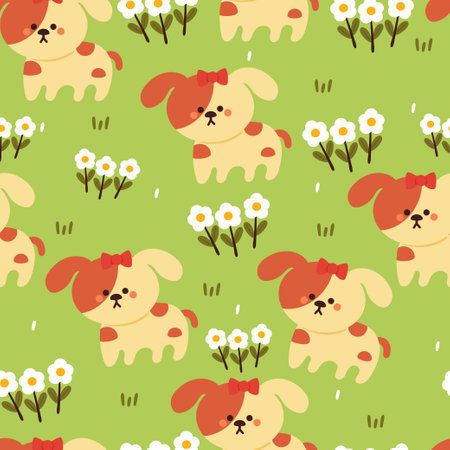 seamless pattern cartoon puppy and flower. cute animal wallpaper for textile, gift wrap paperのイラスト素材