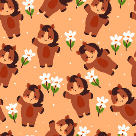 seamless pattern cartoon horse, plant and flower. cute animal wallpaper for textile gift wrap paperのイラスト素材